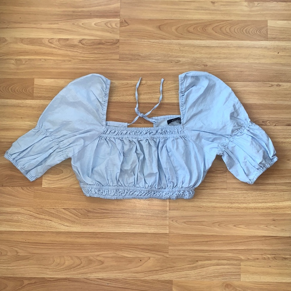 Deluc Cropped Blue Linen Blend Top Size M - Picture 2 of 5